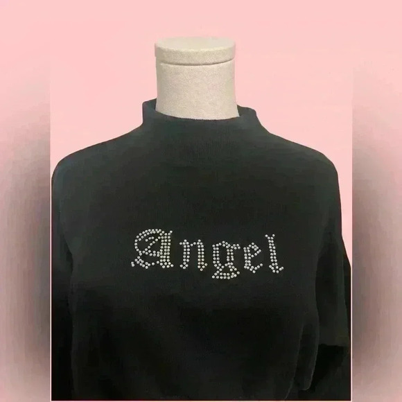 Y2K Angel Inspired Embellished Cropped Sweater – Black Mock Neck size S - Picture 3 of 4
